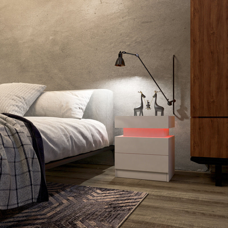 Nightstand With LED Lights Wood LED Bedside Table Nightstand With 2 High Gloss Drawers For Bedroom