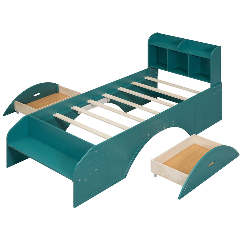 Wood Twin Size Platform Bed with 2 Drawers, Storage  Headboard and Footboard, Dark Green