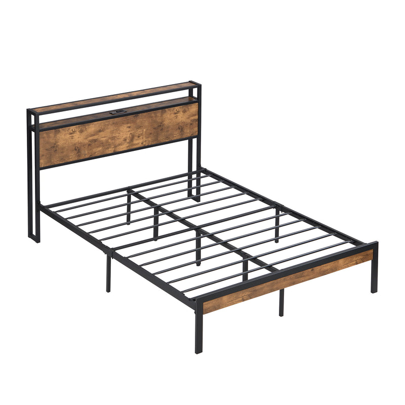 King Size Metal Platform Bed Frame With Wooden Headboard And Footboard With USB Liner, No Box Spring Needed, Large Under Bed Storage - Brown