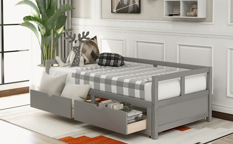 Wooden Daybed With Trundle Bed And Two Storage Drawers, Extendable Bed Daybed, Sofa Bed For Bedroom Living Room - Gray