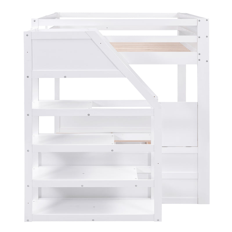 Wood Full Size Convertible Bunk Bed with Storage Staircase, Bedside Table, and 3 Drawers, White