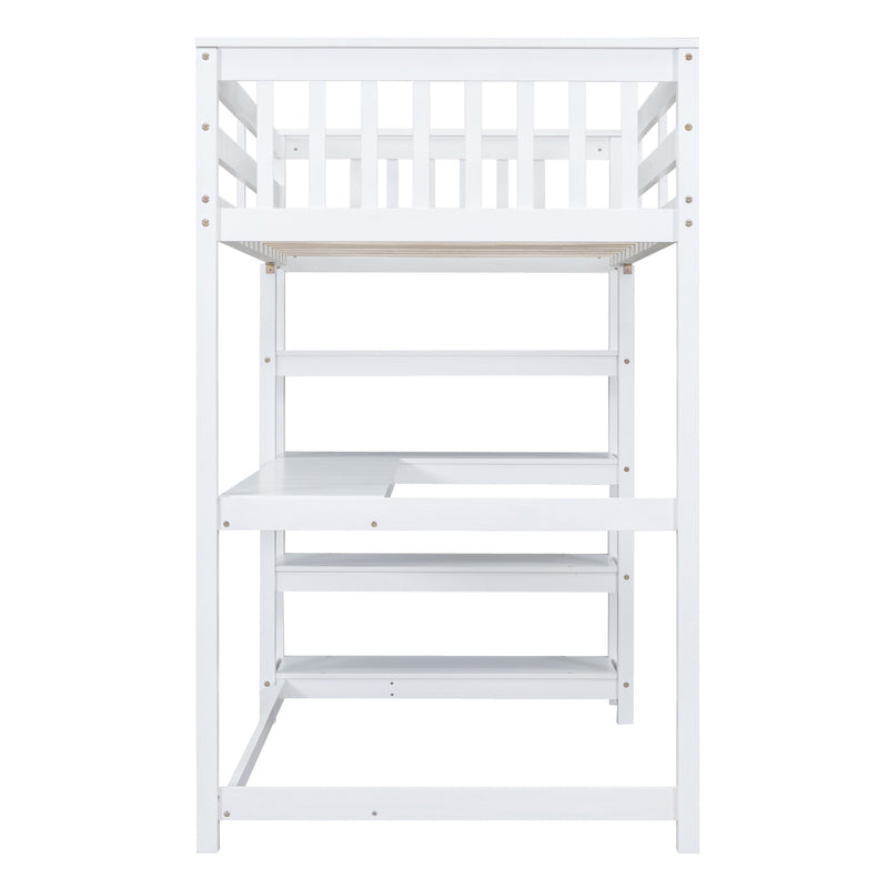 Twin Size Loft Bed with Storage Shelves and Under-bed Desk, White