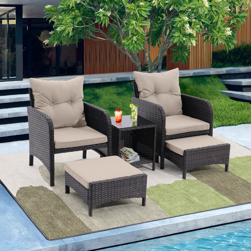 5 Piece Outdoor Patio Furniture Set, All Weather PE Rattan Conversation Chairs With Armrest And Removable Cushions, Ottomans And Storage Coffee Table For Poolside Garden Balcony