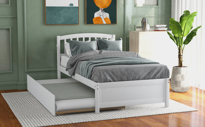 Twin size Platform Bed Wood Bed Frame with Trundle, White