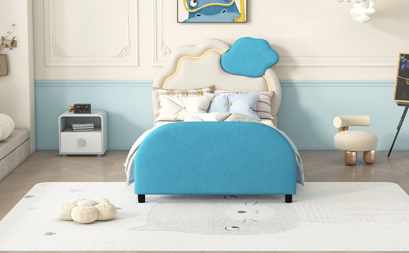 Twin Size Upholstered Platform Bed with Cloud-Shaped Headboard and Embedded Light Stripe, Velvet, Blue