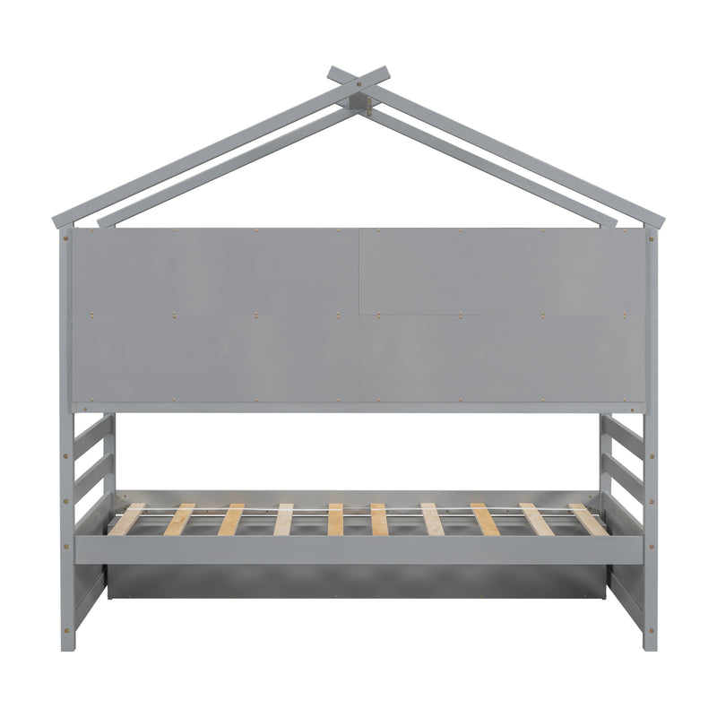 Twin House Bed with Roof Frame, Bedside-shelves, Under Bed Storage Unit,Grey