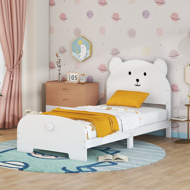 Twin Size Wood Platform Bed with Bear-shaped Headboard and Footboard,White