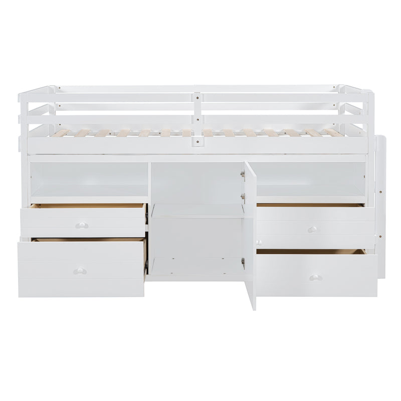 Twin Size Loft Bed with 4 Drawers, Underneath Cabinet and Shelves, White