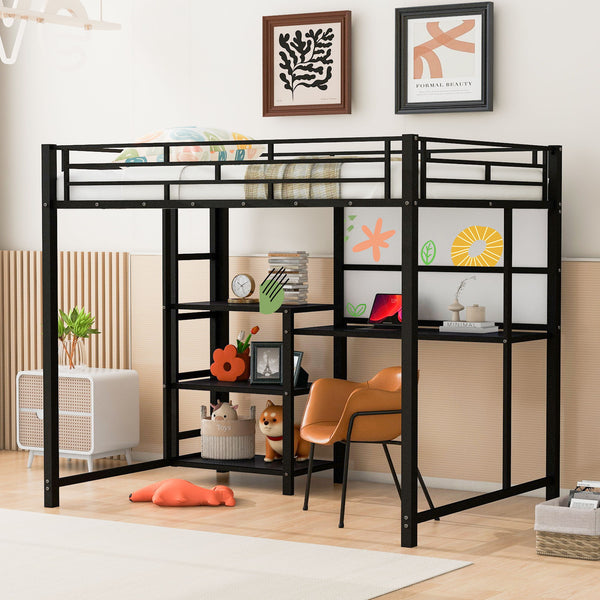 Full Size Loft Bed With Desk And Whiteboard, Metal Loft Bed With 3 Shelves And Ladder - Black