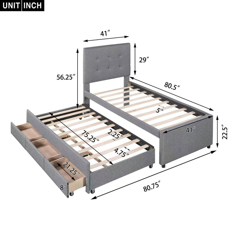 Twin Size Upholstered Platform Bed with Pull-out Twin Size Trundle and 3 Drawers, Gray