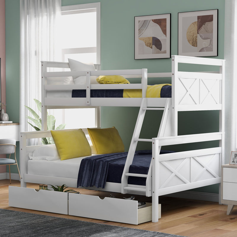 Twin Over Full Bunk Bed With Ladder, Two Storage Drawers, Safety Guardrail