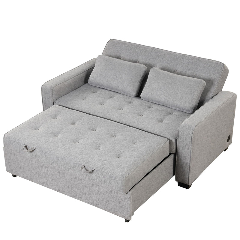 Upholstered Sleeper Bed, Pull Out Sofa Bed Couch Attached Two Throw Pillows, Dual USB Charging Port And Adjustable Backrest For Living Room Space - Gray