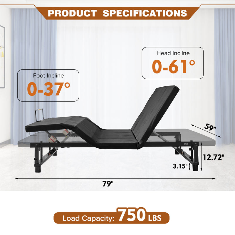 Adjustable Bed Base Frame Queen Bed Frame with Head and Foot Incline Wireless Remote Zero Gravity Quiet Motor Black Queen