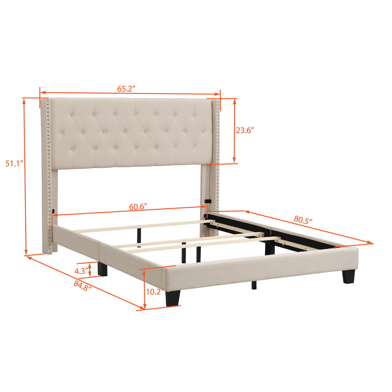 Queen Size Upholstered Platform Bed With Classic Headboard, No Box Spring Needed - Beige