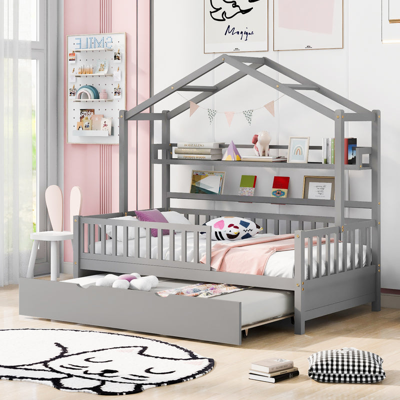 Wooden Twin Size House Bed with Trundle,Kids Bed with Shelf, Gray