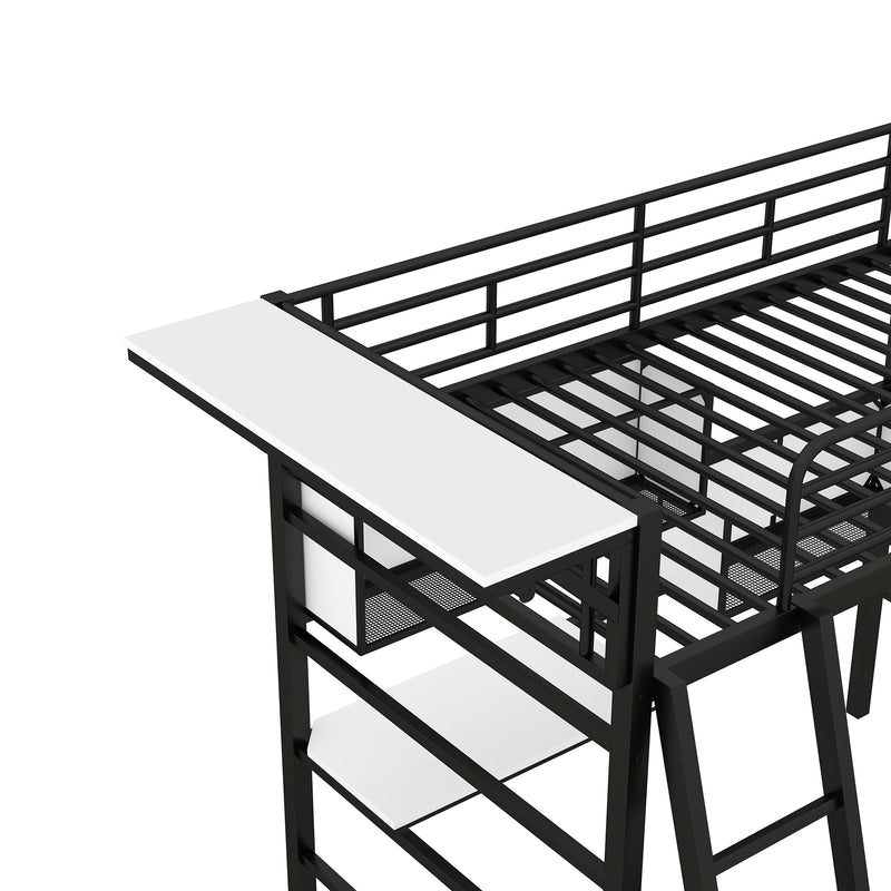 Twin Size Metal Loft Bed with 2 Shelves, a desk and a Hanging Clothes Rack, Black and White