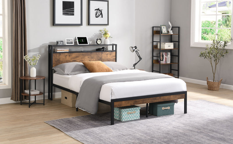 King Size Metal Platform Bed Frame With Wooden Headboard And Footboard With USB Liner, No Box Spring Needed, Large Under Bed Storage - Brown