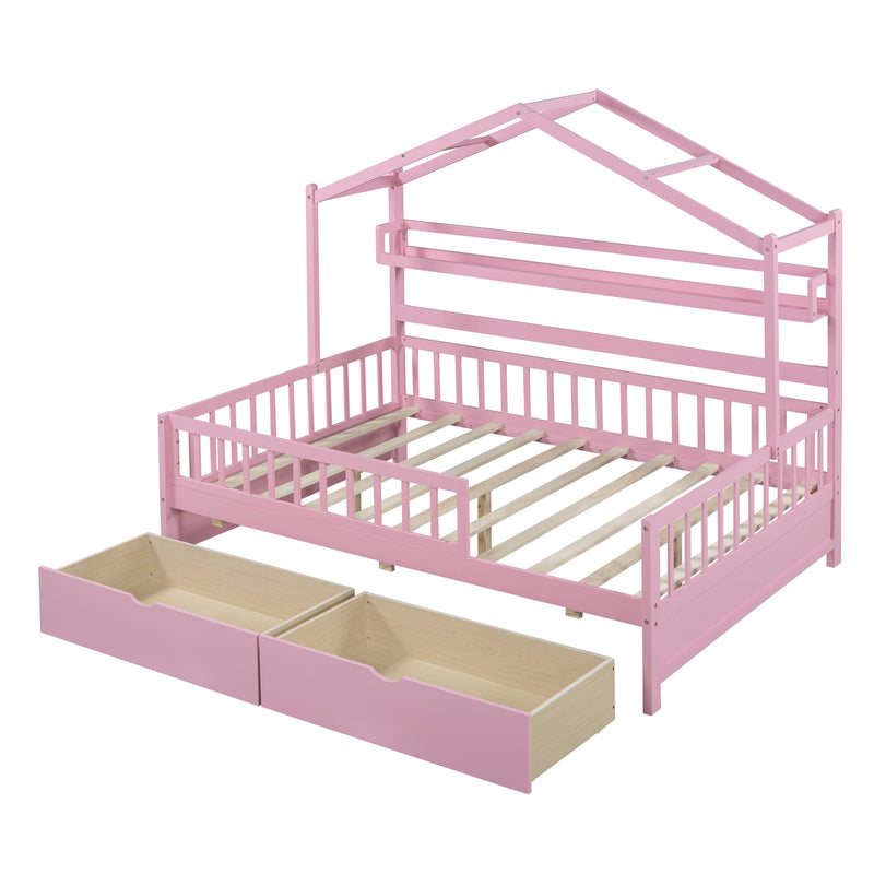 Wooden Full Size House Bed with 2 Drawers,Kids Bed with Storage Shelf, Pink