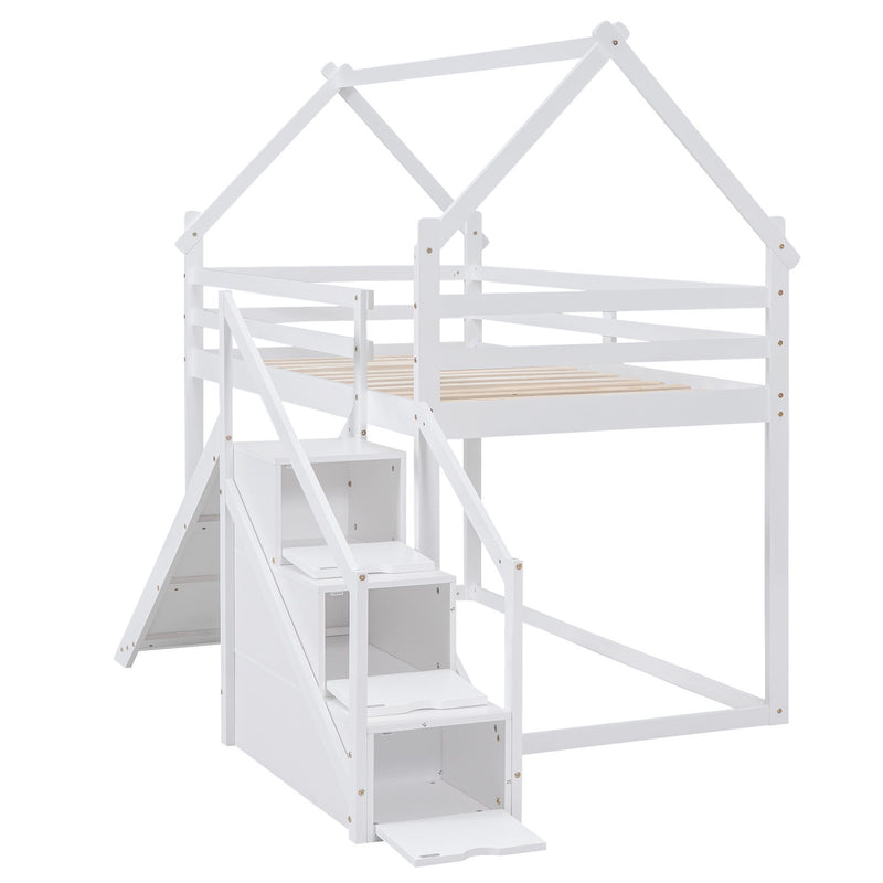 Twin Over Twin House Loft Or Bunk Bed With Slide And Staircase