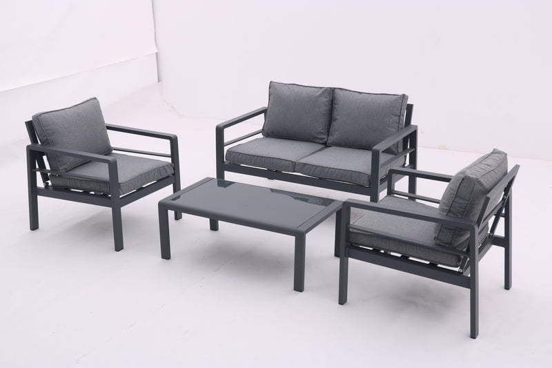 4 Piece Aluminum Outdoor Patio Conversation Set, All Weather Sectional Sofa Outside Furniture With Removable Cushions And Tempered Glass Coffee Table - Gray