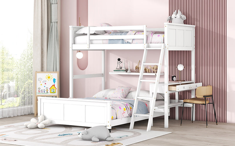 Twin Over Full Bunk Bed with Desk, White