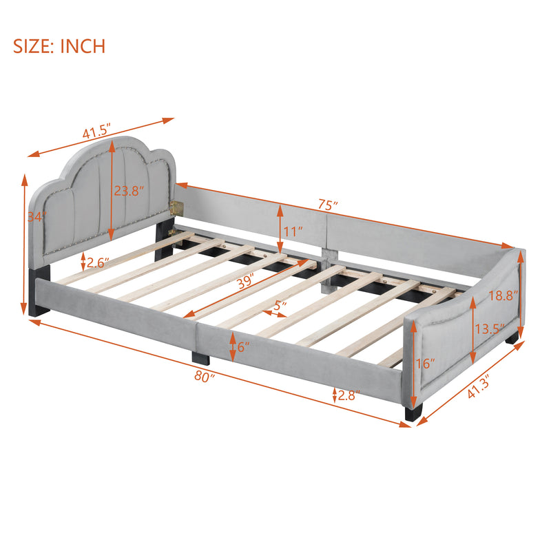 Twin Size Upholstered Daybed with Cloud Shaped Headboard, Embedded Elegant Copper Nail Design, Gray