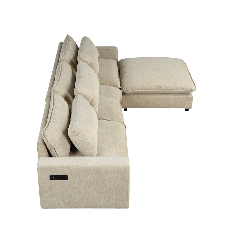 Sectional Sofa Cloud Sofa Chenille Upholstered Sofa Couch With Movable Ottoman, Comfortable Seat Cushions, Charging Ports And Three Back Pillows For Living Room