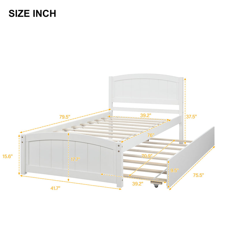 Twin Size, Platform Bed With Trundle - White