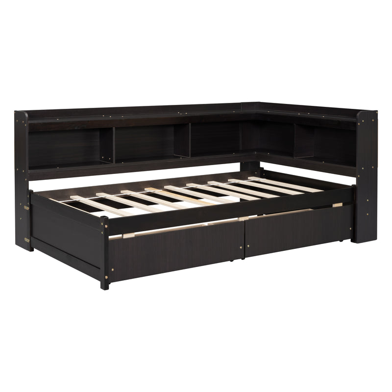 Twin Bed with L-shaped Bookcases,Drawers,Espresso