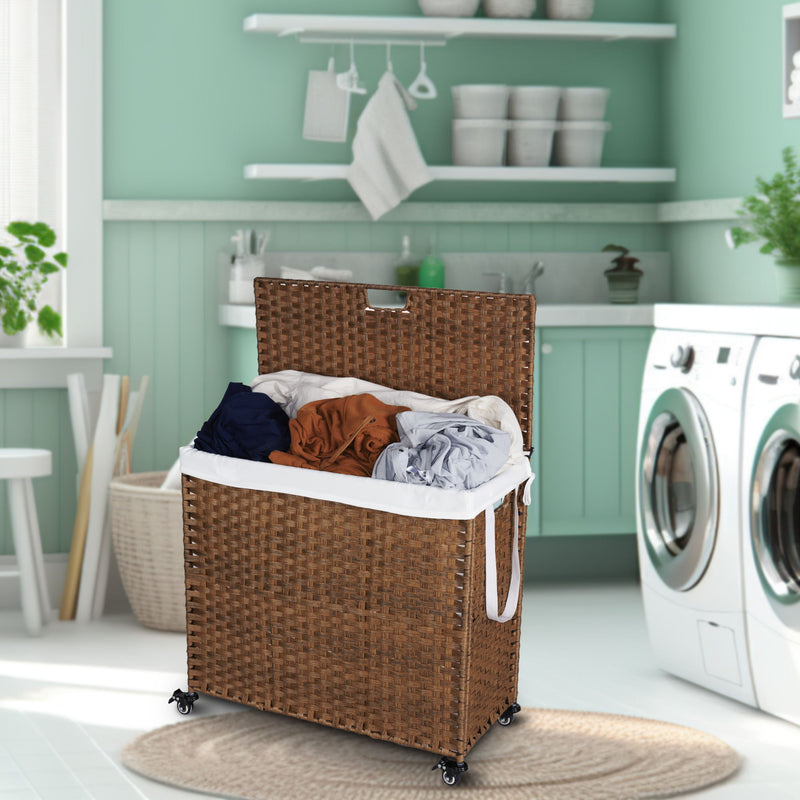 Laundry Hamper With Lid PE Rattan Powder Coating Frame Clothes Hampers With 2 Removable Bags