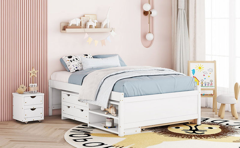 Versatile Full Bed With Trundle, Under Bed Storage Box And Nightstand - White