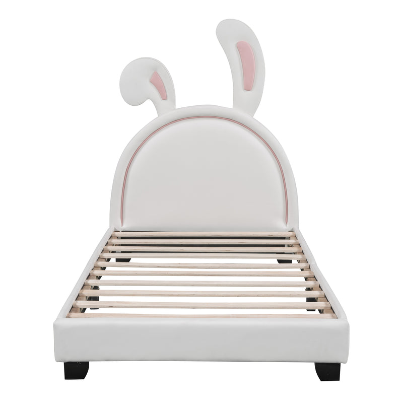 Twin Size Upholstered Leather Platform Bed with Rabbit Ornament, White