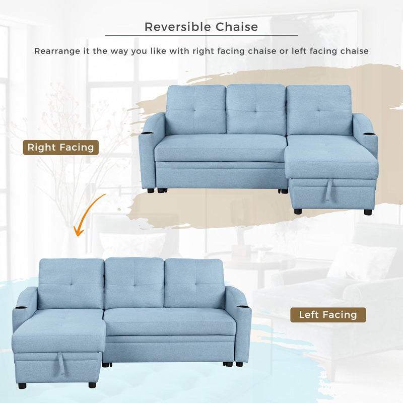 Pull Out Sofa Bed Modern Padded Upholstered Sofa Bed, Linen Fabric 3 Seater Couch With Storage Chaise And Cup Holder, Small Couch For Small Spaces