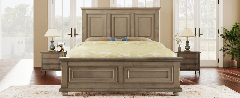 Traditional Town and Country Style Pinewood Vintage Queen Bed, Stone