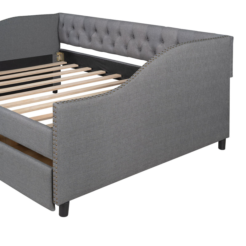 Full Size Upholstered Daybed With Two Drawers, Wood Slat Support