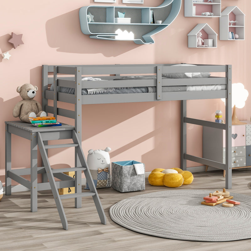 Twin Loft Bed with Platform,ladder,Grey