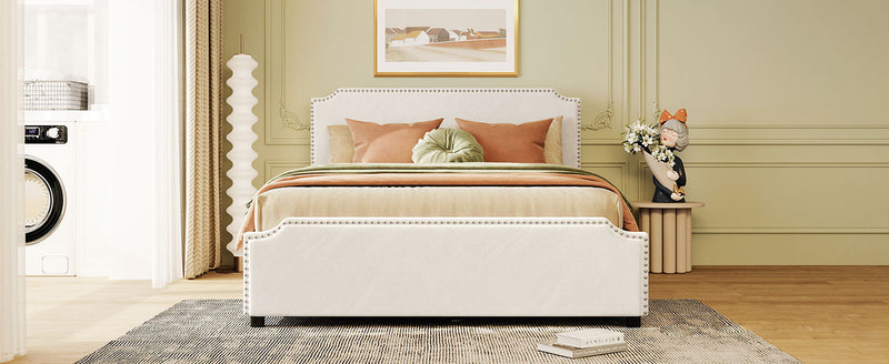 Upholstered Platform Bed with Stud Trim Headboard and Footboard and 4 Drawers No Box Spring Needed, Velvet Fabric, Queen Size (Beige)