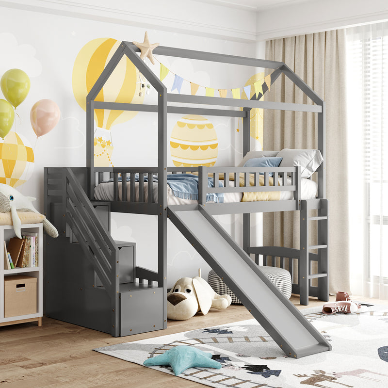 Twin Loft Bed with Two Drawers and Slide, House Bed with Slide, Gray (Old SKU: LP000130AAE)