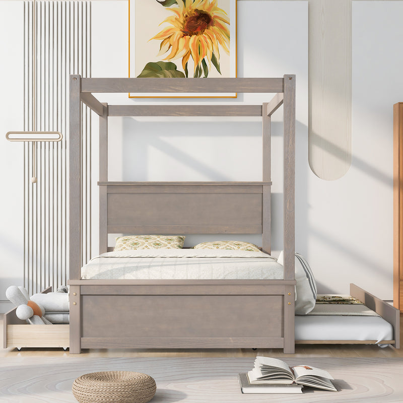 Wood Canopy Bed with Trundle Bed and two Drawers ,Full Size Canopy Platform bed With Support Slats .No Box Spring Needed, Brushed Light Brown