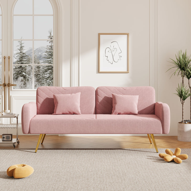 Double Sofa With Split Backrest And Two Throw Pillows, Suitable For Living Room, Apartment, Home Office - Pink