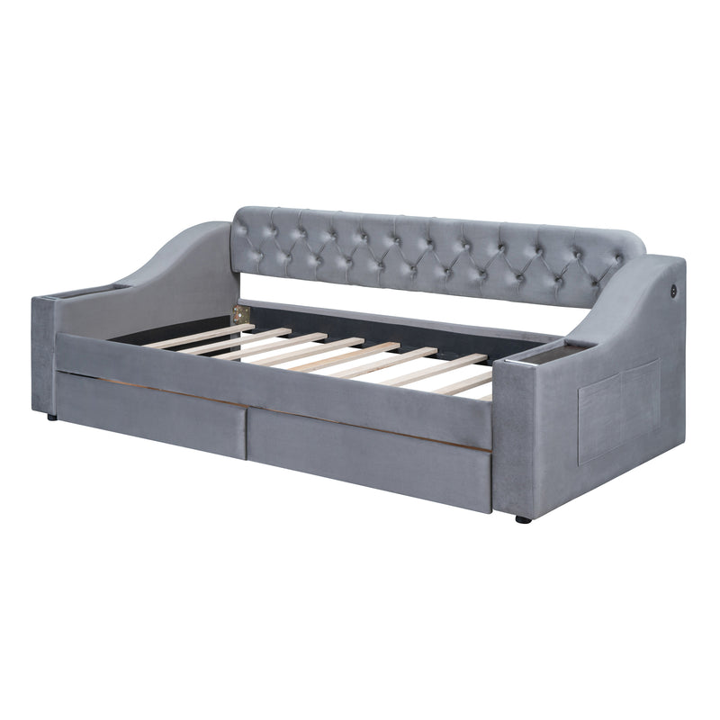 Twin Size Upholstered Daybed with Storage Armrests and USB Port, Gray