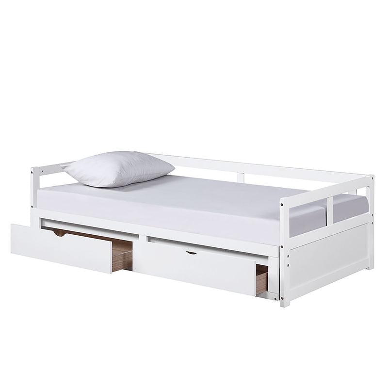 Wooden Daybed With Trundle Bed And Two Storage Drawers, Extendable Bed Daybed, Sofa Bed For Bedroom Living Room - White