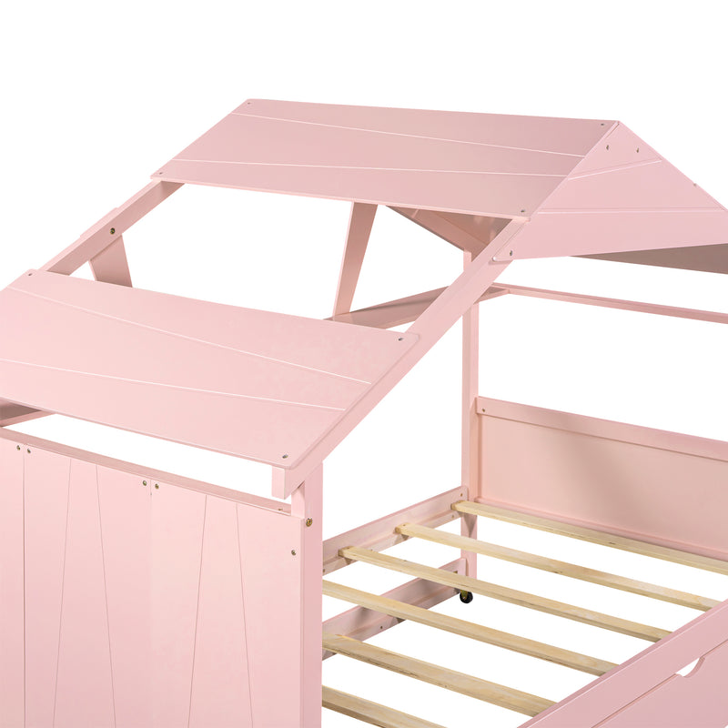 Wood Twin Size House Bed with Trundle and Storage, Pink