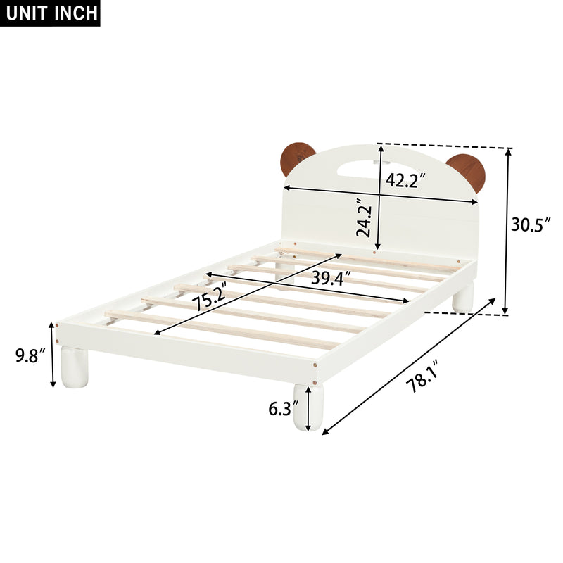 Twin Size Platform Bed with Bear Ears Shaped Headboard and LED, Cream White