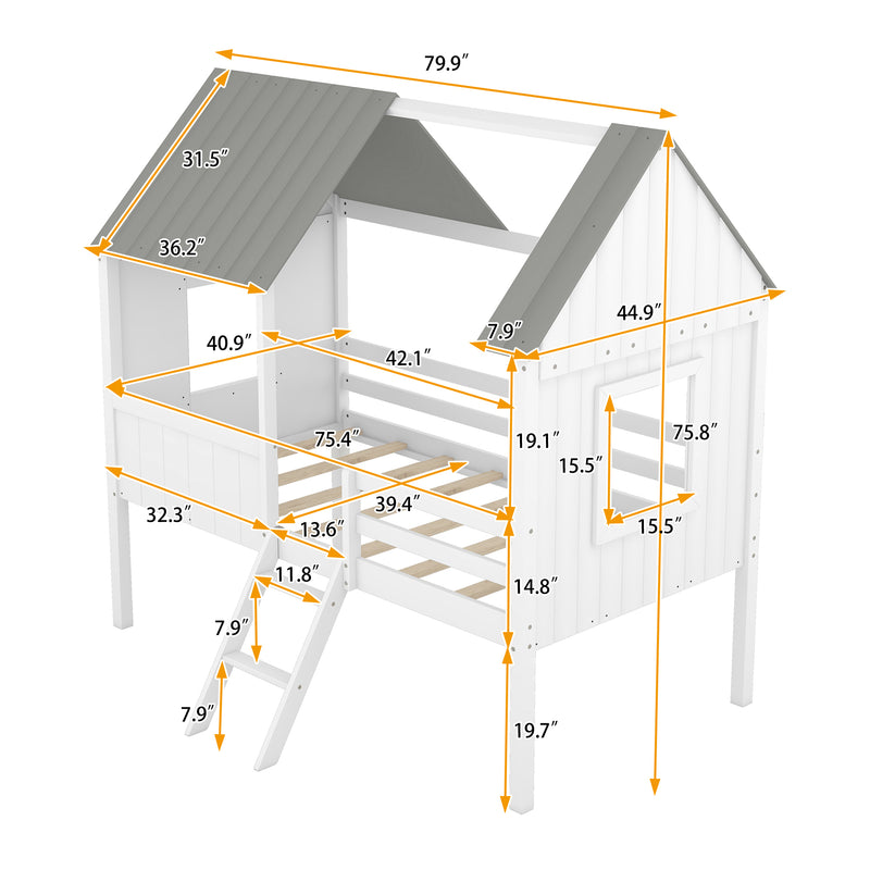 Twin Size Low Loft Wood House Bed with Two Side Windows  (White+Gray)(OLD SKU: LP000037AAE)