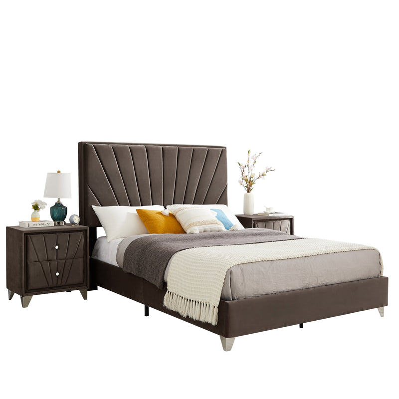 B108 Full bed with two nightstands, Beautiful line stripe cushion headboard , strong wooden slats + metal legs with Electroplate