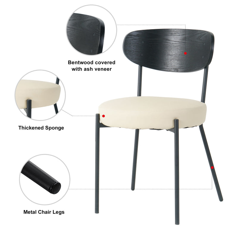 Modern Gray Simple PU Dining Chair Upholstered Chair Family Bedroom Stool Back Dressing, Black Round Table Set, Bentwood Covered With Ash Veneer Chair Back, Chair Metal Legs