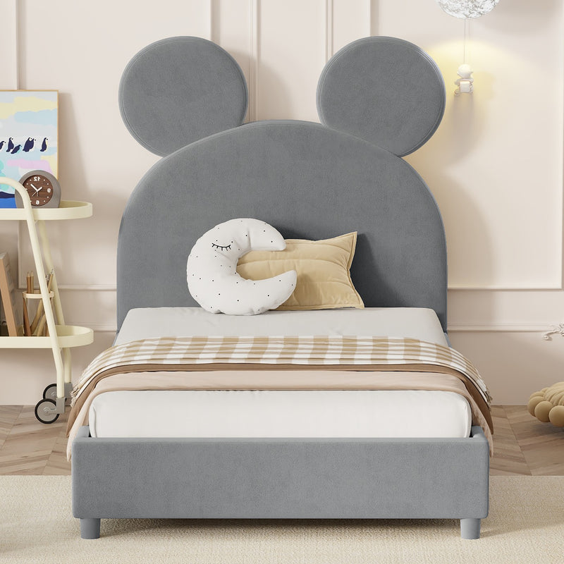 Twin Size Upholstered Platform Bed with Bear Ear Shaped Headboard, Gray