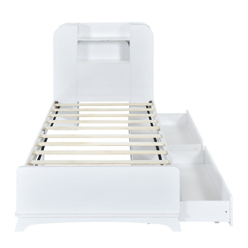 Twin Size Storage Platform Bed Frame with with Two Drawers and Light Strip Design in Headboard,White