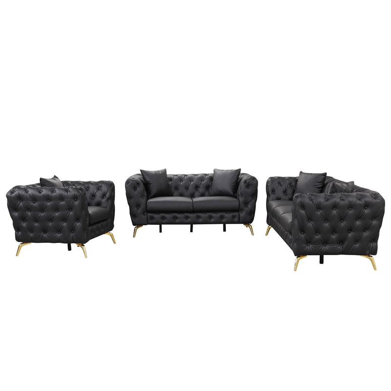 Modern 3 Piece Sofa Sets With Sturdy Metal Legs, Button Tufted Back, PU Upholstered Couches Sets Including Three Seat Sofa, Loveseat And Single Chair For Living Room Furniture Set - Black